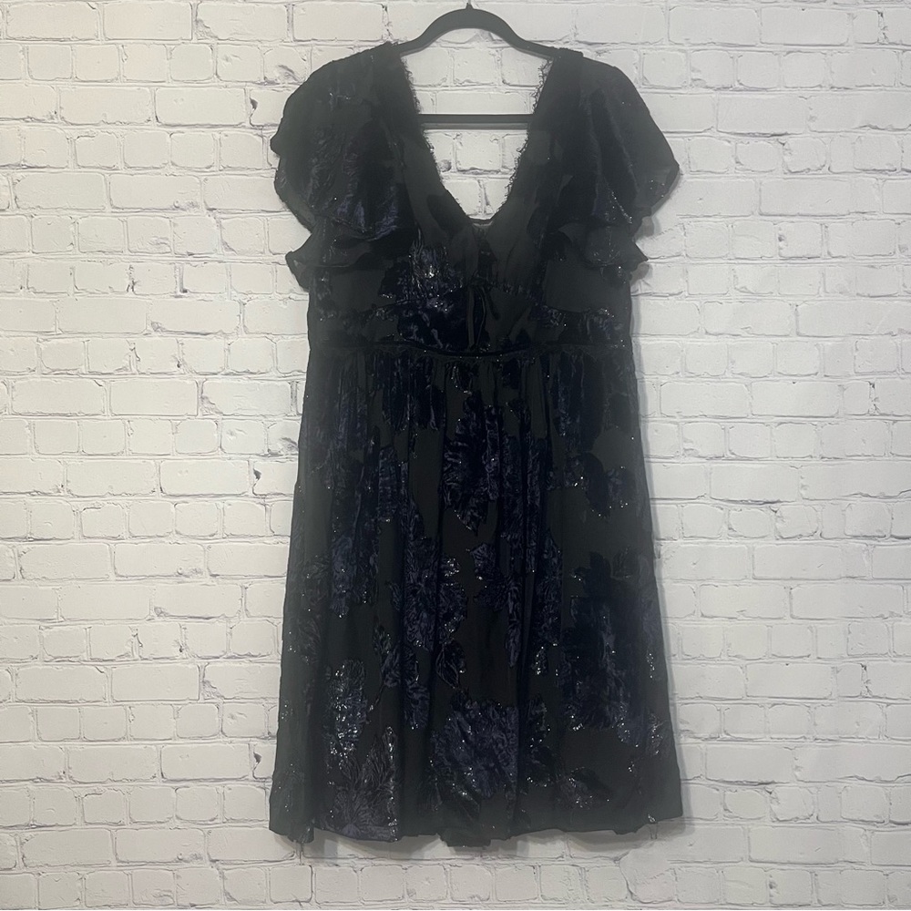 MARCHESA NOTTE Velvet Burnout Lace-Trim Flutter Sleeves Dress Sz 14 Holidays